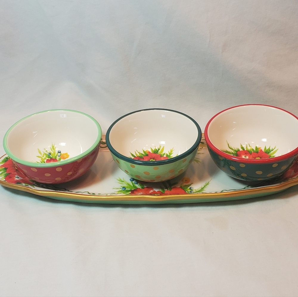 The Pioneer Woman Vtg Stoneware Holiday Condiment Set 3-Bowls W/Tray Polka Dots